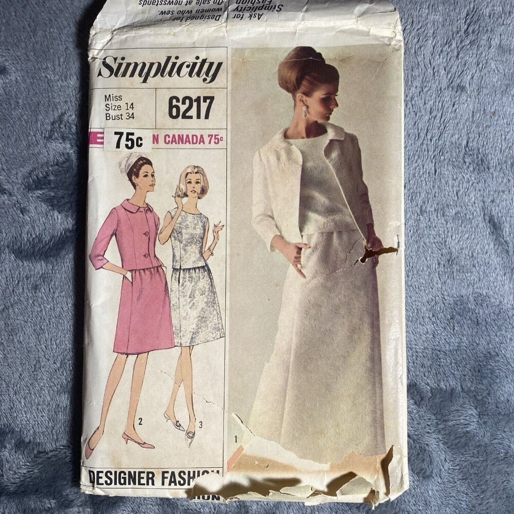 Simplicity 6217 Sewing Pattern, 1965 2 Pc Dress, Jacket Size 14 Cut